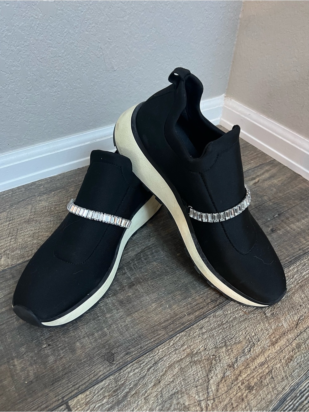 Black Slip-On Women's Sneakers with Crystal Strap